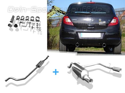 Fox Edelstahl Duplex Sportauspuff-Komplettanlage ab Kat Opel Corsa D mit Serienheck 1x90mm rund eingerollt gerade mit Absorber