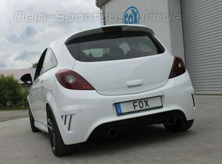 Fox Edelstahl Duplex Sportauspuff-Komplettanlage ab Kat Opel Corsa D mit NRE-Stoßstange 1x100mm rund scharf abgeschrägt ohne Absorber