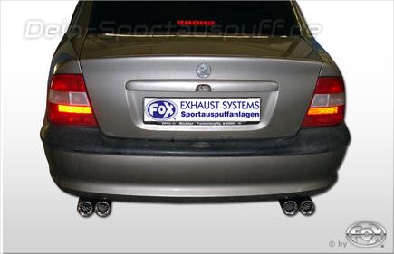 Fox Edelstahl Duplex Sportauspuff-Komplettanlage ab Kat Opel Vectra B Fließheck, Stufenheck u. Caravan 2x76mm rund eingerollt gerade mit Absorber