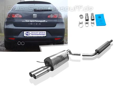 Fox Edelstahl Sportauspuff-Komplettanlage ab Kat Seat Ibiza 3 Typ 6L inkl. Sport (Mod. ohne Sport Endrohrausschnitt) 2x70mm rund eingerollt gerade mit Absorber