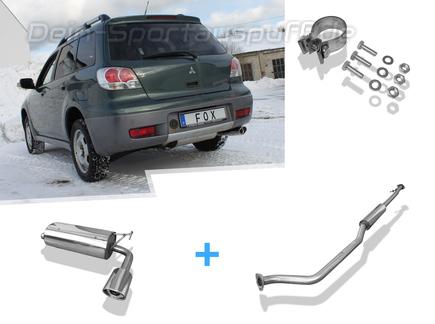 Fox Edelstahl Sportauspuff-Komplettanlage ab Kat Mitsubishi Outlander Typ CU Bj.03-06 115x85mm oval eingerollt abgeschrägt mit Absorber
