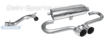 Bastuck Edelstahl Sportauspuff Mittig inkl. Verbindungsrohr Ford Fiesta JAS JBS Benziner Bj.95-01 2x76mm DTM rund scharf gerade ohne Absorber