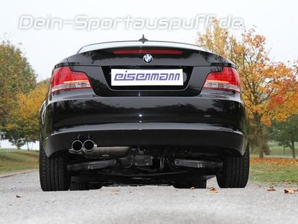 Eisenmann Edelstahl Sportauspuff inkl. Verbindungsrohr BMW 1er E82 Coupe u. E88 Cabrio 125i mit M-Paket-Heckschürze 2x76mm rund scharf gerade versetzt
