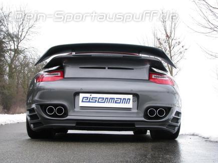 Eisenmann Edelstahl Duplex Sportauspuff-Komplettanklage inkl. Kat mit Klappensteuerung RACE-Version Porsche 911 Typ 997 Turbo Facelift ab 07/2008 je 2x80mm rund eingerollt gerade