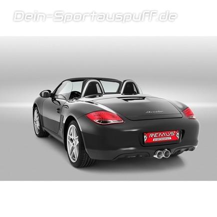 Remus Edelstahl Komplettanlage ab Vorkat Mittig Porsche Boxster S Typ 987 Black Edition 2x98mm Street Race rund eingerollt mit scharfkantigem Innenrohr und Carbonschriftzug
