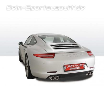 Remus Edelstahl Duplex-Komplettanlage ab Kat mit Klappensteuerung Porsche 911 Typ 991 Carrera S je 2x84mm Carbon Race rund eingerollt abgeschrägt mit scharfkantigem Innenrohr und Carbonschriftzug