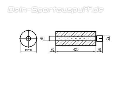 Fox Edelstahl Universal Schalldämpfer rund 250mm einflutig mit Anschlussrohr Länge 420mm Eingang/Ausgang 88,9mm/88,9mm