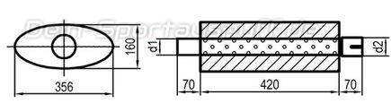 Fox Edelstahl Universal Schalldämpfer oval 356x160mm einflutig mit Anschlussrohr Länge 420mm Eingang/Ausgang 80mm/80mm