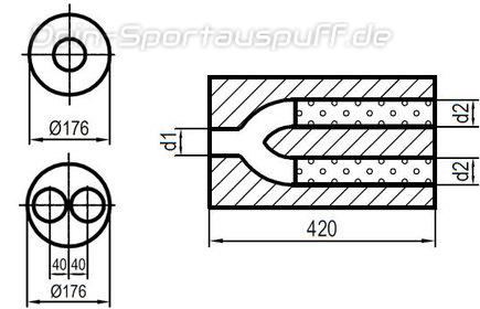 Fox Edelstahl Universal Schalldämpfer rund 176mm zweiflutig mit Y-Aufbau Länge 420mm Eingang/Ausgang 1x63,5mm/2x55mm