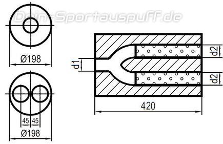 Fox Edelstahl Universal Schalldämpfer rund 198mm zweiflutig mit Y-Aufbau Länge 420mm Eingang/Ausgang 1x45mm/2x2x45mm