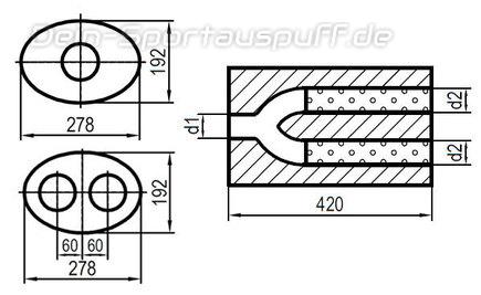 Fox Edelstahl Universal Schalldämpfer oval 278x192mm zweiflutig mit Y-Aufbau Länge 420mm Eingang/Ausgang 1x80mm/2x70mm