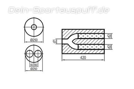 Fox Edelstahl Universal Schalldämpfer rund 250mm zweiflutig mit Y-Aufbau Länge 420mm Eingang/Ausgang 1x45mm/2x45mm