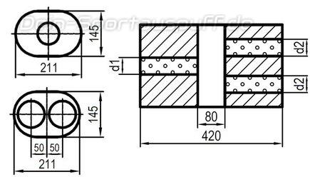 Fox Edelstahl Universal Schalldämpfer oval 211x145mm zweiflutig mit Kammer Länge 420mm Eingang/Ausgang 1x55mm/2x50mm für Längseinbau