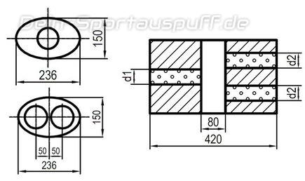 Fox Edelstahl Universal Schalldämpfer oval 236x150mm zweiflutig mit Kammer Länge 420mm Eingang/Ausgang 1x80mm/2x70mm für Längseinbau
