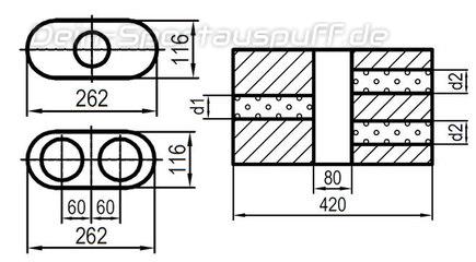 Fox Edelstahl Universal Schalldämpfer oval 262x116mm zweiflutig mit Kammer Länge 420mm Eingang/Ausgang 1x55mm/2x50mm für Längseinbau