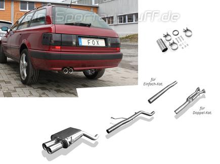 Fox Edelstahl Racing-Komplettanlage ab Kat Audi 80 quattro B4 Limousine/Avant mit Serien-Schürze 2x76mm rund scharf gerade mit Absorber