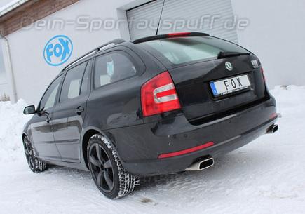 Fox Edelstahl Duplex Racing-Komplettanlage ab Kat Skoda Octavia RS 1Z 145x65mm trapezförmig eingerollt nach unten & seitlich abgeschrägt