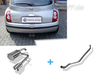 Fox Edelstahl Racing-Komplettanlage ab Kat Ausgang mittig Nissan Micra K12 Bj.03-10 mit Steckverbindung 2x76mm rund eingerollt gerade mit Absorber