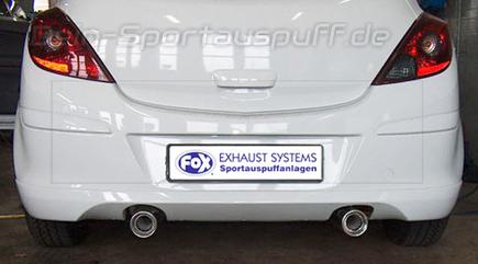 Fox Edelstahl Duplex Racing-Komplettanlage ab Kat Opel Corsa D mit OPC-Line 1/2 Heckansatz je 90mm rund eingerollt mit Absorber