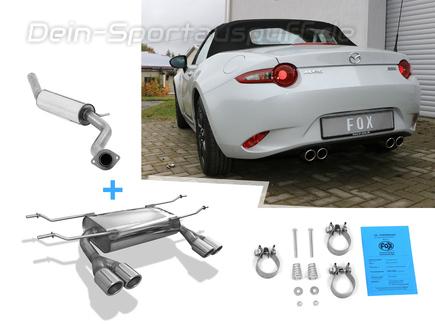 Fox Edelstahl Duplex Sportauspuff-Komplettanlage ab Kat Mazda MX-5 Typ ND ab 2015 je 2x70mm rund eingerollt abgeschrägt