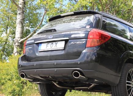 Fox Edelstahl Duplex Sportauspuff-Komplettanlage ab Kat Subaru Legacy 4 Kombi BP 2.0l Bj.03-09 je 115x85mm oval eingerollt abgeschrägt mit langer Tulpe