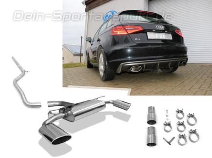 Fox Edelstahl Duplex Racing-Sportauspuffanlage ab Kat Audi A3 8V Sportback 1.8TFSI 106x71mm Porsche-Design oval eingerollt seitlich abgeschrägt mit Absorber