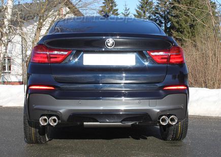Fox Edelstahl Duplex Sportauspuff-Komplettanlage ab Kat BMW X4 F26 35d xDrive je 2x90mm rund eingerollt abgeschrägt mit Absorber