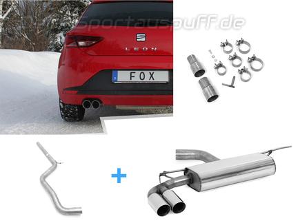 Fox Edelstahl Racing-Komplettanlage ab Kat Seat Leon 5F 1.2l 1.4l + 1.6-2.0l TDI ab 2012 (Mod. mit Einzelradaufhängung) 2x80mm rund doppelwandig abgeschrägt