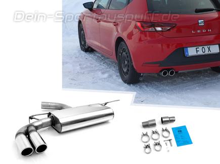 Fox Edelstahl Sportauspuff Seat Leon 5F 1.2l 1.4l + 1.6-2.0l TDI ab 2012 (Mod. mit Starrachse) 2x80mm rund eingerollt abgeschrägt