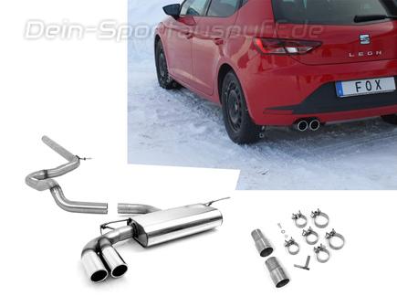 Fox Edelstahl Racing-Komplettanlage ab Kat Seat Leon 5F 1.2l 1.4l + 1.6-2.0l TDI ab 2012 (Mod. mit Starrachse) 2x80mm rund eingerollt abgeschrägt