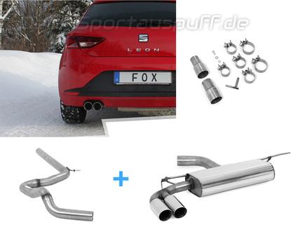 Fox Edelstahl Racing-Komplettanlage ab Kat Seat Leon 5F 1.2l 1.4l + 1.6-2.0l TDI ab 2012 (Mod. mit Starrachse) 2x80mm rund doppelwandig abgeschrägt