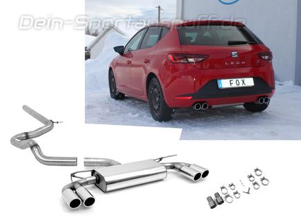 Fox Edelstahl Duplex Racing-Komplettanlage ab Kat Seat Leon 5F 1.2l 1.4l + 1.6-2.0l TDI ab 2012 (Mod. mit Starrachse) je 2x80mm rund eingerollt abgeschrägt
