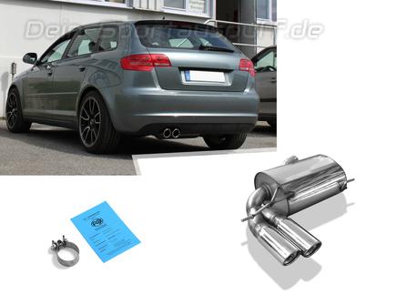 Fox Edelstahl Sportauspuff Audi A3 8P 3.2 V6 quattro Sportback 2x90mm rund eingerollt abgeschrägt mit Absorber