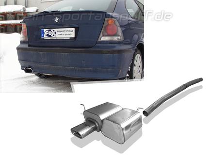 Fox Edelstahl Racing-Komplettanlage ab Kat BMW 3er E46 316Ti u. 318Ti Compact 135x80mm flachoval eingerollt abgeschrägt mit Absorber