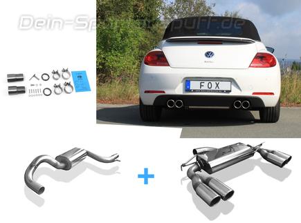 Fox Edelstahl Duplex Sportauspuff-Komplettanlage ab Kat VW Beetle inkl. Cabrio Typ 5C 1.2l (Mod. mit Starrachse) je 2x90mm rund eingerollt abgeschrägt