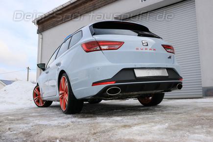 Fox Edelstahl Duplex Racing-Komplettanlage ab Kat Seat Leon ST 5F Cupra für Rieger Heckeinsatz je 160x90mm oval eingerollt seitlich und unten abgeschrägt