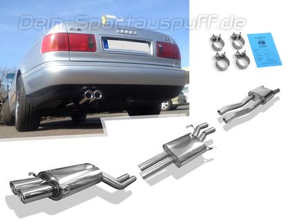 Fox Edelstahl Sportauspuff-Komplettanlage ab Kat Audi A8 D2 Typ 4D bis Bj. 11/98 2x76mm rund eingerollt abgeschrägt mit Absorber