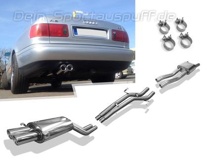 Fox Edelstahl Racing-Komplettanlage ab Kat Audi A8 D2 Typ 4D bis Bj. 11/98 2x76mm rund eingerollt abgeschrägt mit Absorber