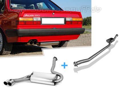 Fox Edelstahl Sportauspuff-Komplettanlage ab Kat. Audi 80/90 quattro Typ 85 bis 08.84 2x76mm rund scharf abgeschrägt