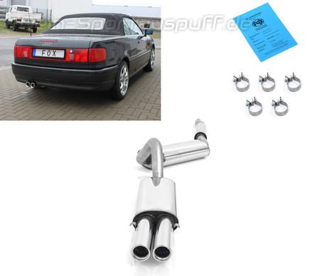 Fox Edelstahl Sportauspuff-Komplettanlage ab Kat Audi 80/90 89 B3 Limousine/Coupe u. B4 Cabrio 2x76mm rund eingerollt gerade mit Absorber