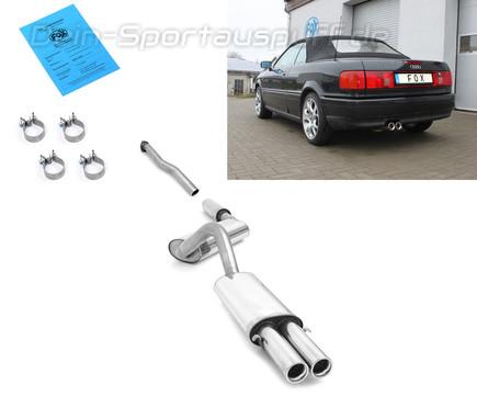 Fox Edelstahl Sportauspuff-Komplettanlage ab Kat Audi 80/90 89 B3 Limousine/Coupe u. B4 Cabrio 2.0 16V 2.3l 2x76mm rund eingerollt