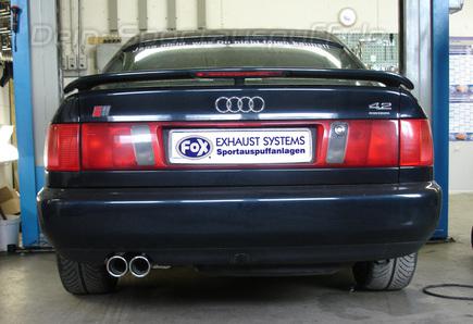 Fox Edelstahl Racing-Komplettanlage ab Kat. Audi 100, S4, A6 u. S6 quattro Typ C4 2x70mm rund eingerollt abgeschrägt