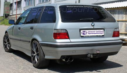 Fox Edelstahl Sportauspuff Doppelbox SuperSound Ø63,5mm-System inkl. Verbindungsrohr BMW 3er E36 316i 318i Limo Touring Coupe Cabrio 2x76mm rund scharf gerade