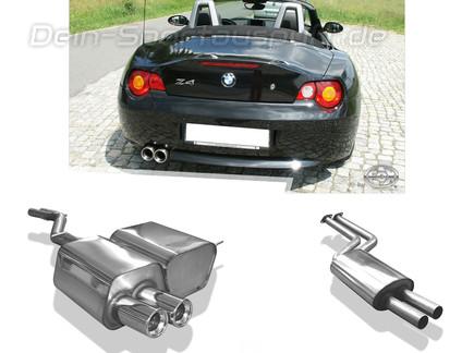 Fox Edelstahl Sportauspuff-Komplettanlage ab Kat BMW Z4 E85 Roadster u. Coupe 2x80mm rund eingerollt gerade mit Absorber