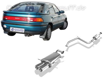 Fox Edelstahl Sportauspuff-Komplettanlage ab Kat Mazda 323 F - BG Fließheck Bj.89-94 2x80mm rund eingerollt gerade mit Absorber