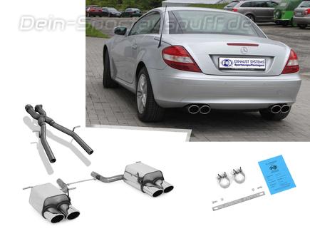 Fox Edelstahl Duplex Sportauspuff-Komplettanlage ab Kat Mercedes SLK R171 3.0l 3.5l 2x115x85mm oval eingerollt abgeschrägt