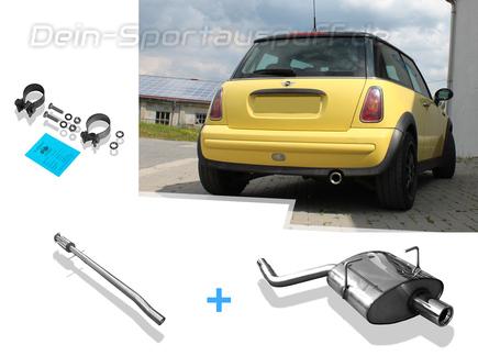 Fox Edelstahl Sportauspuff-Komplettanlage ab Kat Mini One u. Cooper R50 1x80mm rund eingerollt gerade mit Absorber