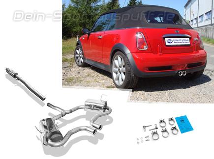 Fox Edelstahl Komplettanlage ab Kat Ausgang mittig Mini Cooper S Cabrio R52 2x76mm rund eingerollt gerade mit Absorber