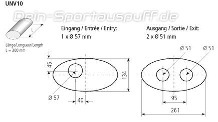 Bastuck Edelstahl Universal-Schalldämpfer oval 261x134mm Länge 300mm Eingang 1xØ 57mm Ausgang 2xØ 51mm