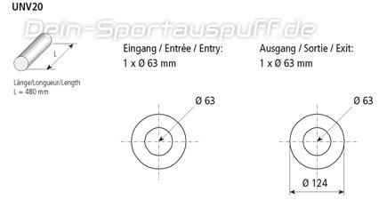 Bastuck Edelstahl Universal-Schalldämpfer rund 124mm Länge 480mm Eingang 1xØ 63mm Ausgang 1xØ 63mm
